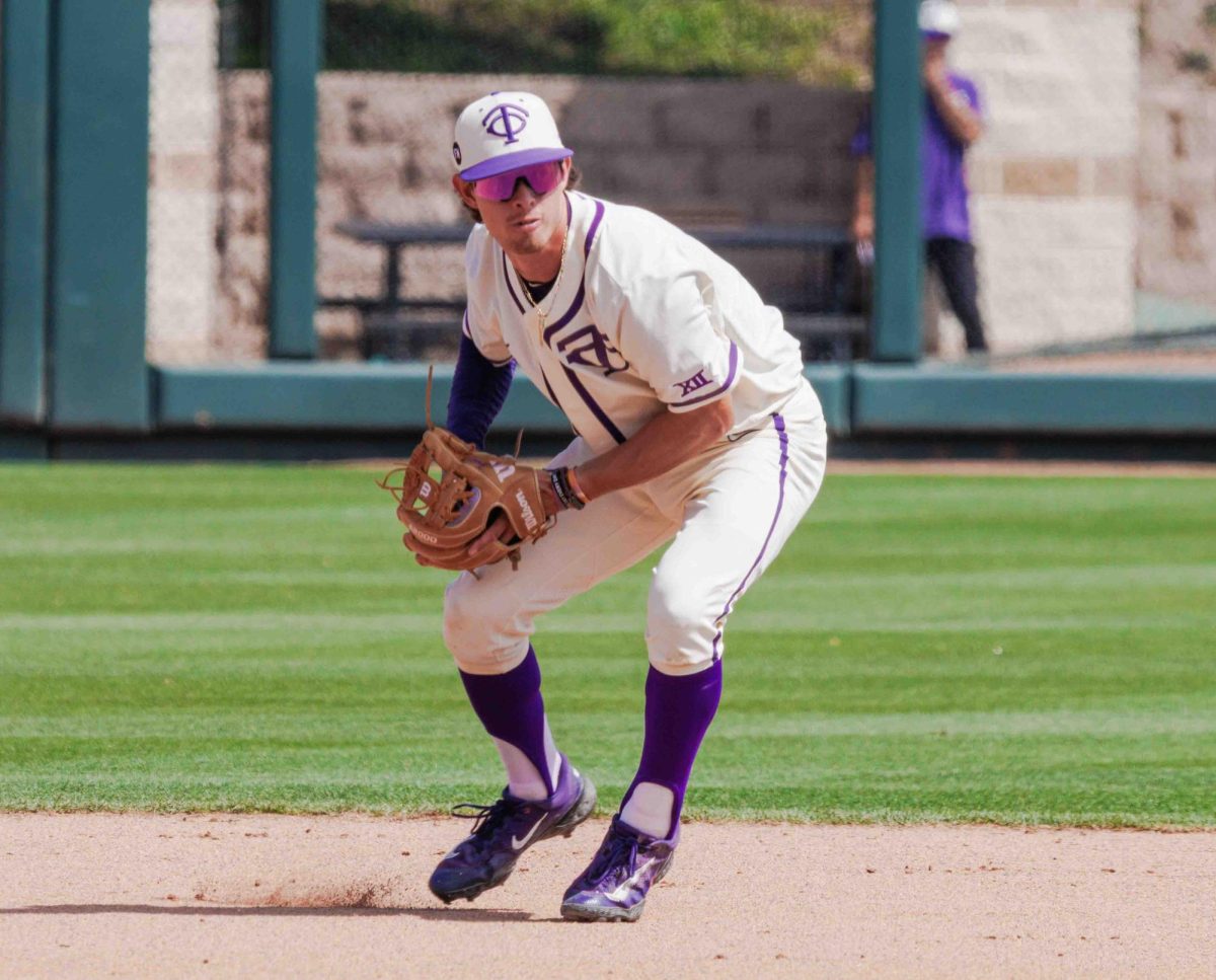 TCU shortstop Anthony Silva fields the ball at Lupton Stadium in Fort Worth, Texas on April 14th, 2024. The TCU Horned Frogs beat the Texas Tech Red Raiders 4-3. (TCU360/ Tyler Chan)