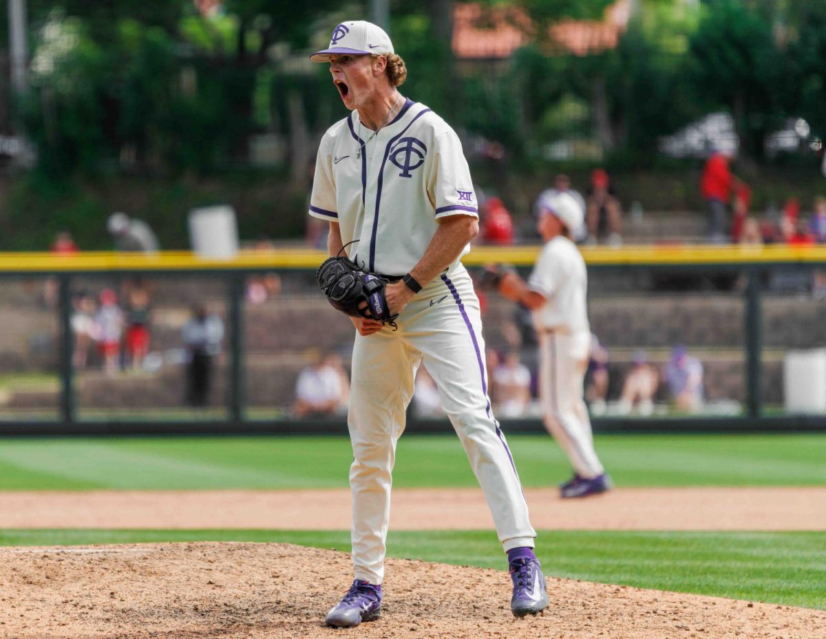 TCU pitcher Caedmon Parker celebrates after getting the last out of the game at Lupton Stadium in Fort Worth, Texas on April 14th, 2024. The TCU Horned Frogs beat the Texas Tech Red Raiders 4-3. (TCU360/ Tyler Chan)