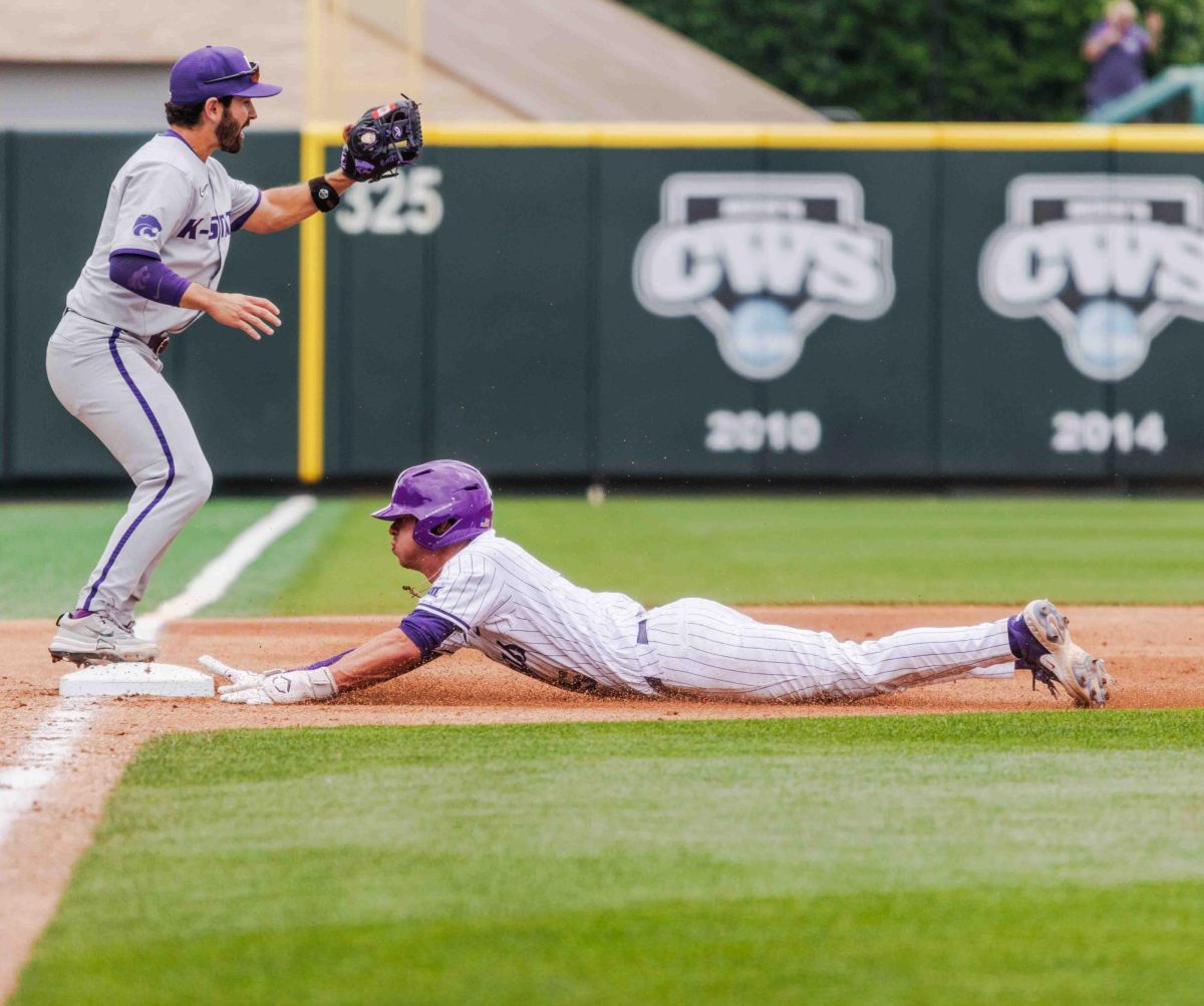 TCU shortstop Anthony Silva slides into third base at Lupton Stadium in Fort Worth, Texas on April 27th, 2024. The TCU Horned Frogs beat the Kansas State Wildcats 7-4 in game 1 of the doubleheader. (TCU360/Tyler Chan)