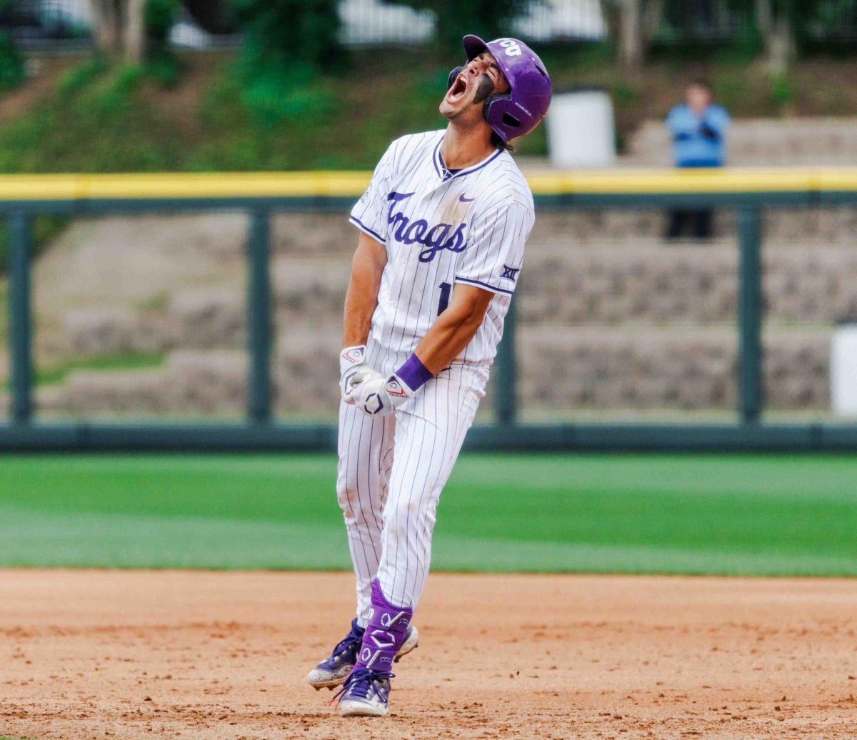 TCU third basemen Peyton Chatagnier celebrates after driving in a run at Lupton Stadium in Fort Worth, Texas on April 27th, 2024. The TCU Horned Frogs beat the Kansas State Wildcats 7-4 in game 1 of the doubleheader. (TCU360/Tyler Chan)