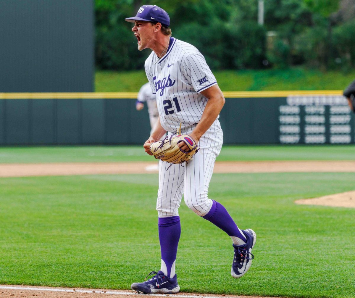 TCU pitcher Zachary Cawyer celebrates after getting out of a jam at Lupton Stadium in Fort Worth, Texas on April 27th, 2024. The TCU Horned Frogs beat the Kansas State Wildcats 7-4 in game 1 of the doubleheader. (TCU360/Tyler Chan)