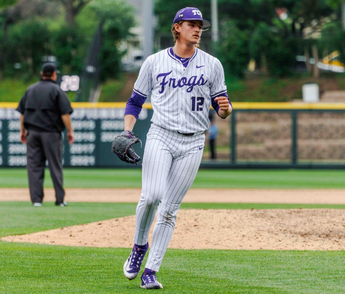 TCU pitcher Ben Abeldt celebrates with a fist pump after getting the last out of the game at Lupton Stadium in Fort Worth, Texas on April 27th, 2024. The TCU Horned Frogs beat the Kansas State Wildcats 7-4 in game 1 of the doubleheader. (TCU360/Tyler Chan)