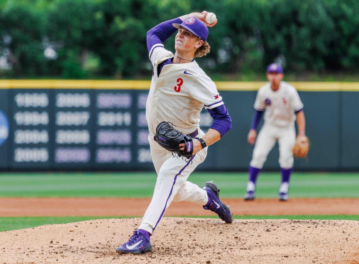 TCU pitcher Caedmon Parker pitches a pitch at Lupton Stadium in Fort Worth, Texas on April 27th, 2024. The TCU Horned Frogs fell to the Kansas State Wildcats 6-3 in game 2 of the doubleheader. 