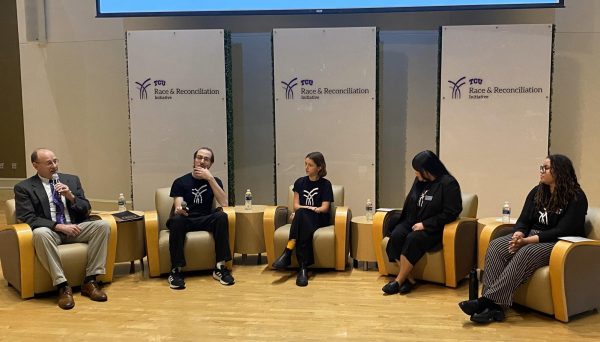 Professor Todd Kerstetter leads the panel discussion with the Race and Reconciliation research team Lucius Seger, Marcela Molina, Kelly Phommachanh and Jenay Willis (left to right).