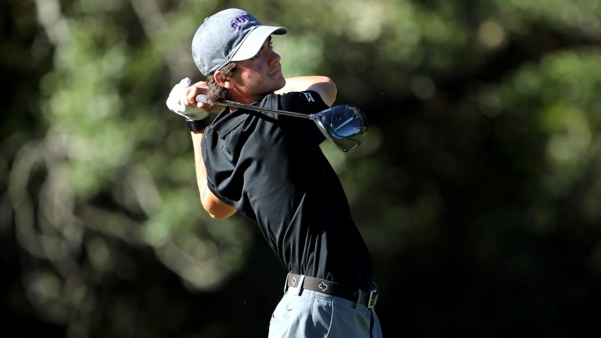 First year player Andrew Petruzzelli hits a drive at the Goodwin tournament at TPC Harding Park in San Francisco, California, on March 29, 2024. 