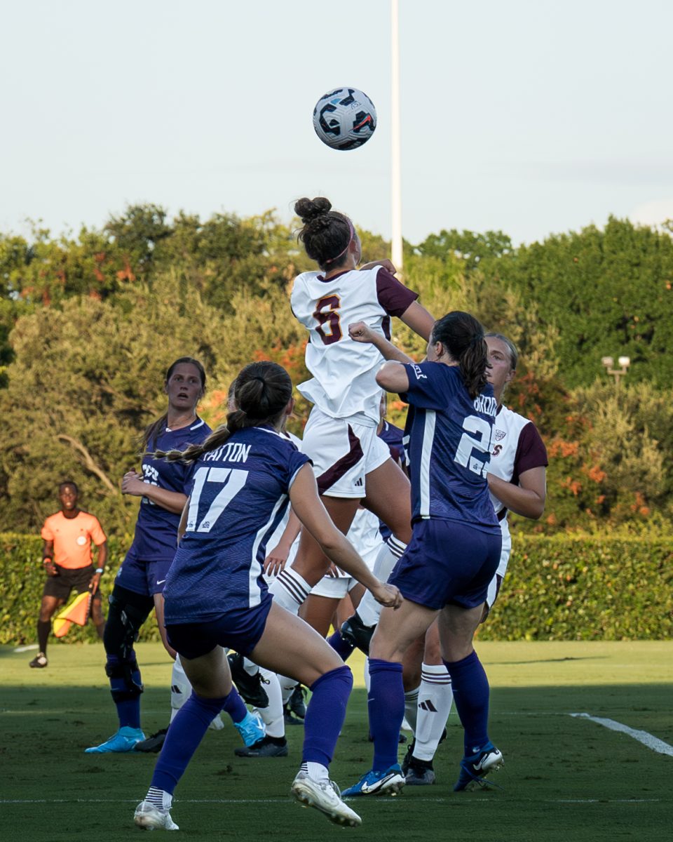 The Texas Christian University soccer team fights for possession of the ball at the Garvey-Rosenthal Soccer Stadium in Fort Worth, Texas, Aug. 29, 2024. The TCU Horned Frogs beat the Central Michigan Chippewas 3-0. (TCU 360/ Shane Manson)