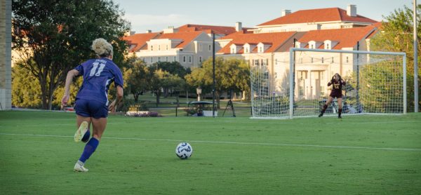 TCU defender Bella Diorio advances the ball in the opening match of the 2024 season at the Garvey-Rosenthal Soccer Stadium in Fort Worth, Texas.