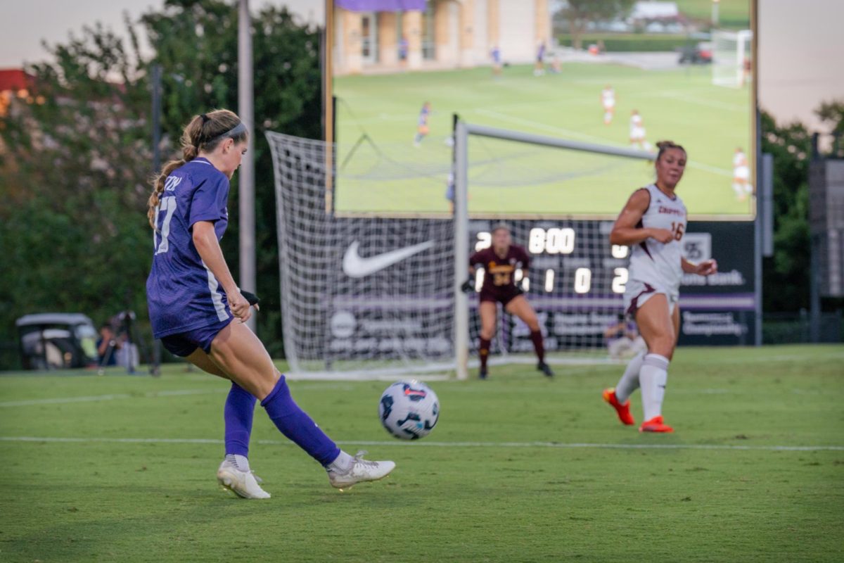 Texas Christian University forward Cameron Patton passes the ball at the Garvey-Rosenthal Soccer Stadium in Fort Worth, Texas, Aug. 29, 2024. The TCU Horned Frogs beat the Central Michigan Chippewas 3-0. 