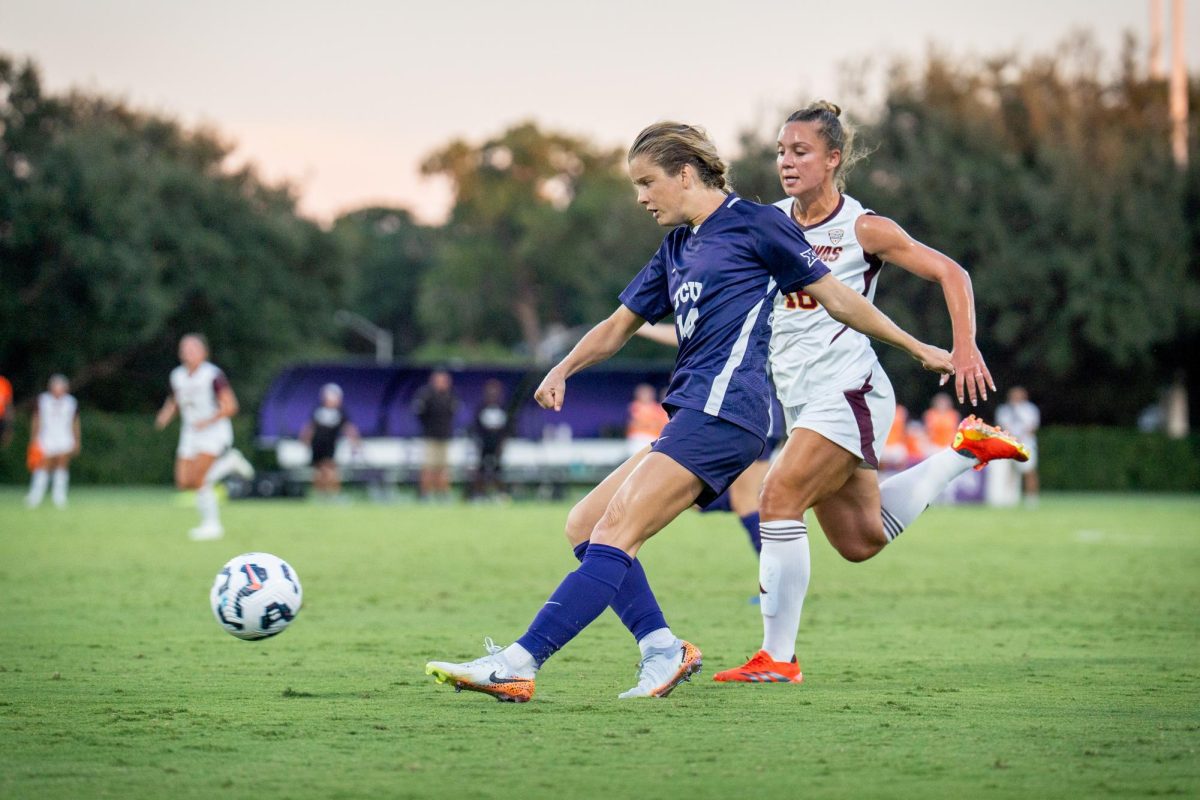 Texas Christian University forward Caroline Kelly advances the ball at the Garvey-Rosenthal Soccer Stadium in Fort Worth, Texas, Aug. 29, 2024. The TCU Horned Frogs beat the Central Michigan Chippewas 3-0. (TCU 360/ Shane Manson)