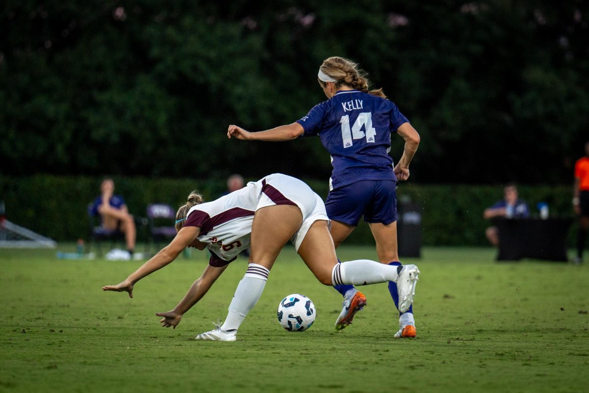 Texas Christian University forward Caroline Kelly fights for possession of the ball at the Garvey-Rosenthal Soccer Stadium in Fort Worth, Texas, Aug. 29, 2024. The TCU Horned Frogs beat the Central Michigan Chippewas 3-0. (TCU 360/ Shane Manson)