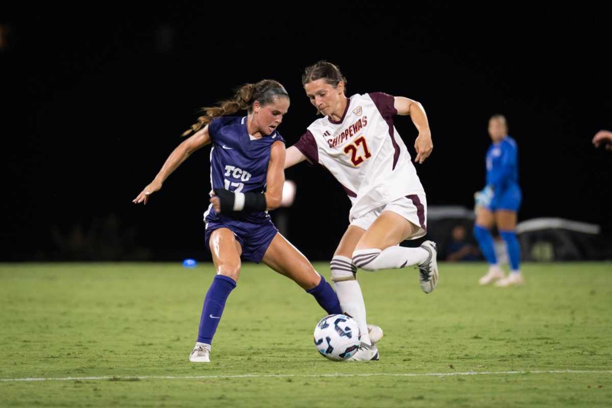 Texas Christian University forward Cameron Patton fights for possession of the ball at the Garvey-Rosenthal Soccer Stadium in Fort Worth, Texas, Aug. 29, 2024. The TCU Horned Frogs beat the Central Michigan Chippewas 3-0. (TCU 360/ Shane Manson)