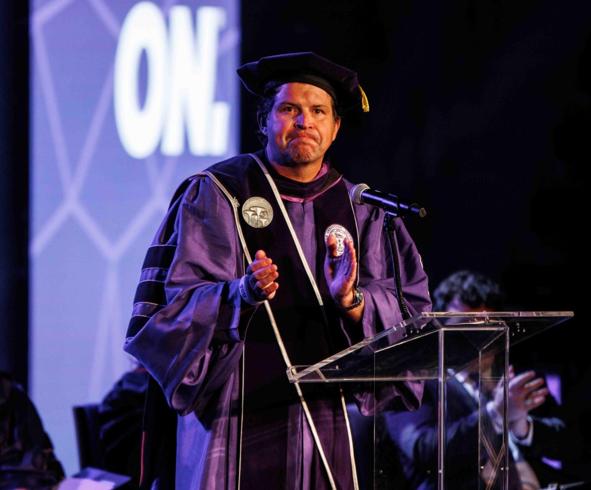 TCU President Daniel Pullin speaks to the class of 2028 at the Frogs First Chancellor Assembly, August 17th, 2024. The assembly officially welcomes the newest members of the TCU community.  (TCU360/Tyler Chan)