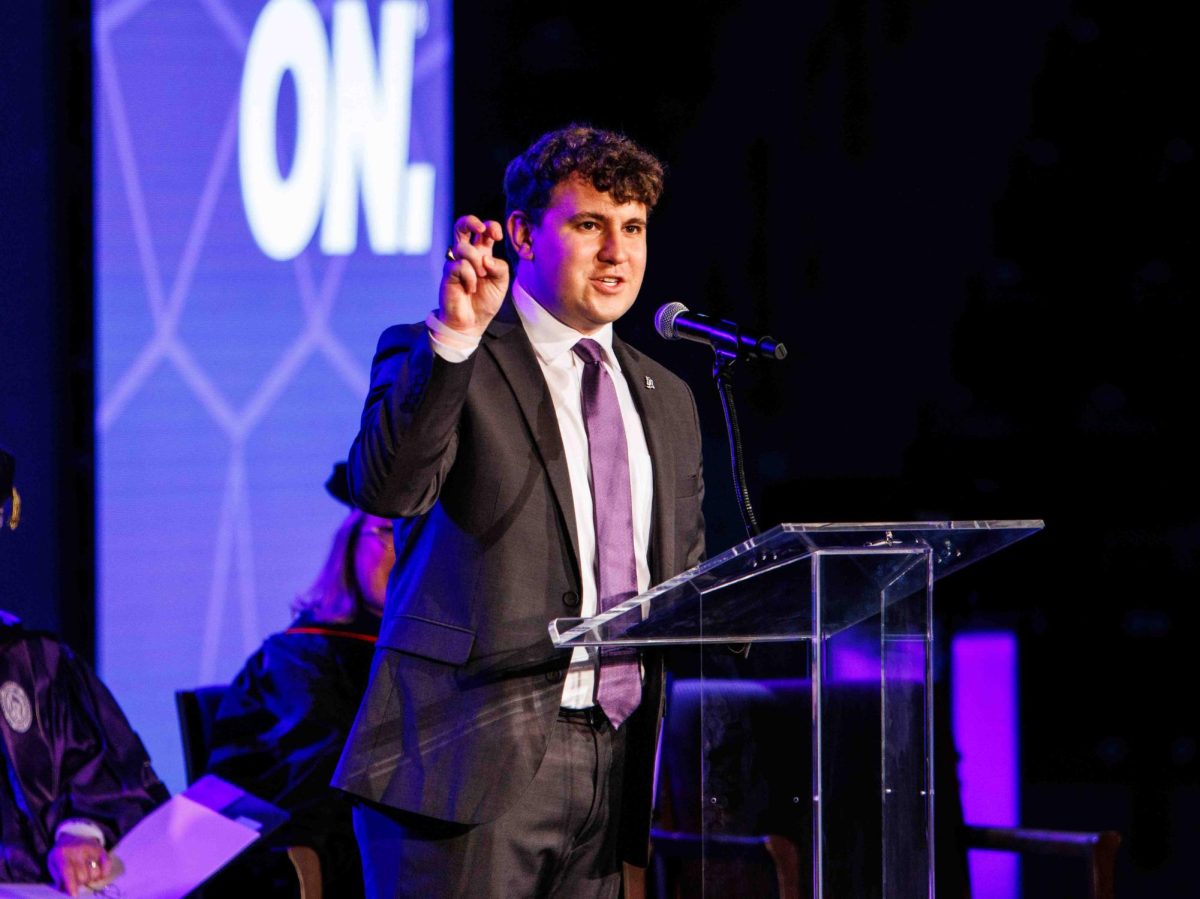 TCU student body president Dominic Mendlik speaks to the class of 2028 at the Frogs First Chancellor Assembly on August 17th, 2024. (TCU360/Tyler Chan)