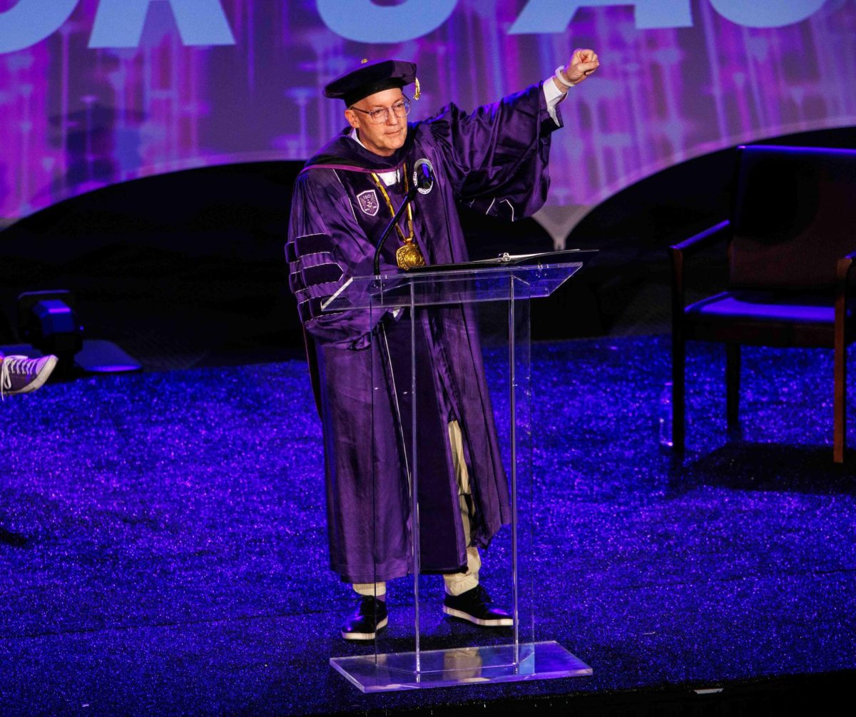 TCU Chancellor Dr. Victor Boschini speaks to the class of 2028 at the Frogs First Chancellor Assembly on August 17th, 2024. (TCU360/Tyler Chan)