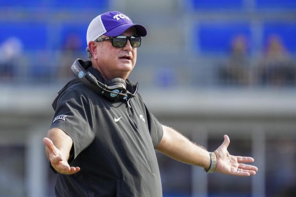 TCU head coach Sonny Dykes reacts to a call during the first half of an NCAA college football game against SMU, Saturday, Sept. 21, 2024, in Dallas. (Smiley N. Pool/The Dallas Morning News)