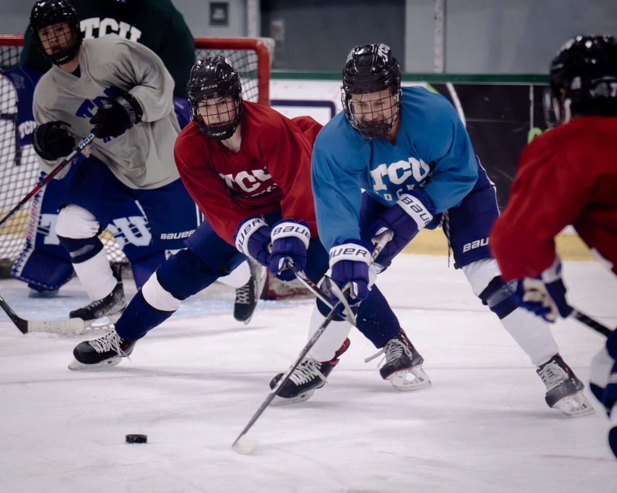 The TCU Horned Frog hockey team conducts practice Sept. 13, 2024, at the StarCenter in Mansfield, TX. (TCU 360 Photo by Shane Manson)