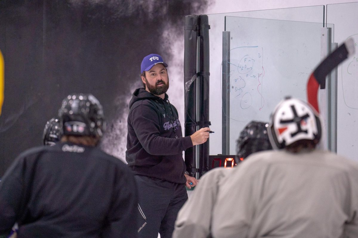 The TCU Horned Frog hockey team conducts practice Sept. 13, 2024, at the StarCenter in Mansfield, TX. (TCU 360 Photo by Shane Manson)