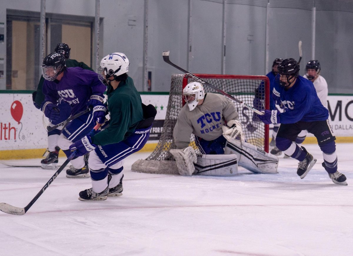 The TCU Horned Frog hockey team conducts practice Sept. 13, 2024, at the StarCenter in Mansfield, TX. (TCU 360 Photo by Shane Manson)