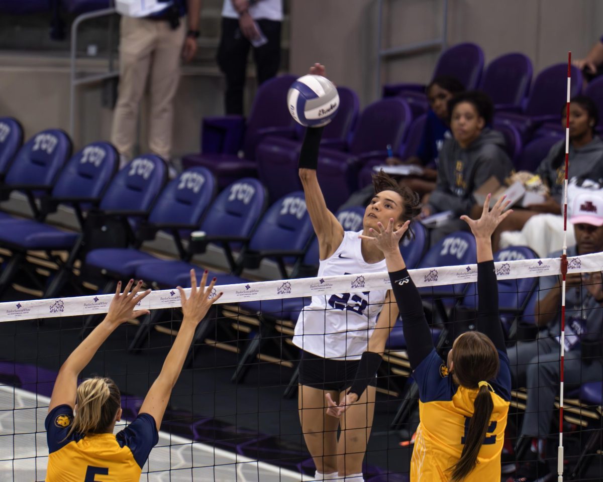 TCU volleyball outside hitter Melanie Parra spikes the ball at Schollmaier Arena, Sept. 12, 2024. TCU beat Texas A&amp;M Commerce 3-0.