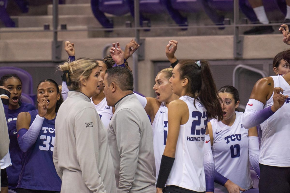 The TCU Volleyball Team gathers during a huddle at Schollmaier Arena, Sept. 12, 2024. TCU beat Texas A&amp;M Commerce 3-0.