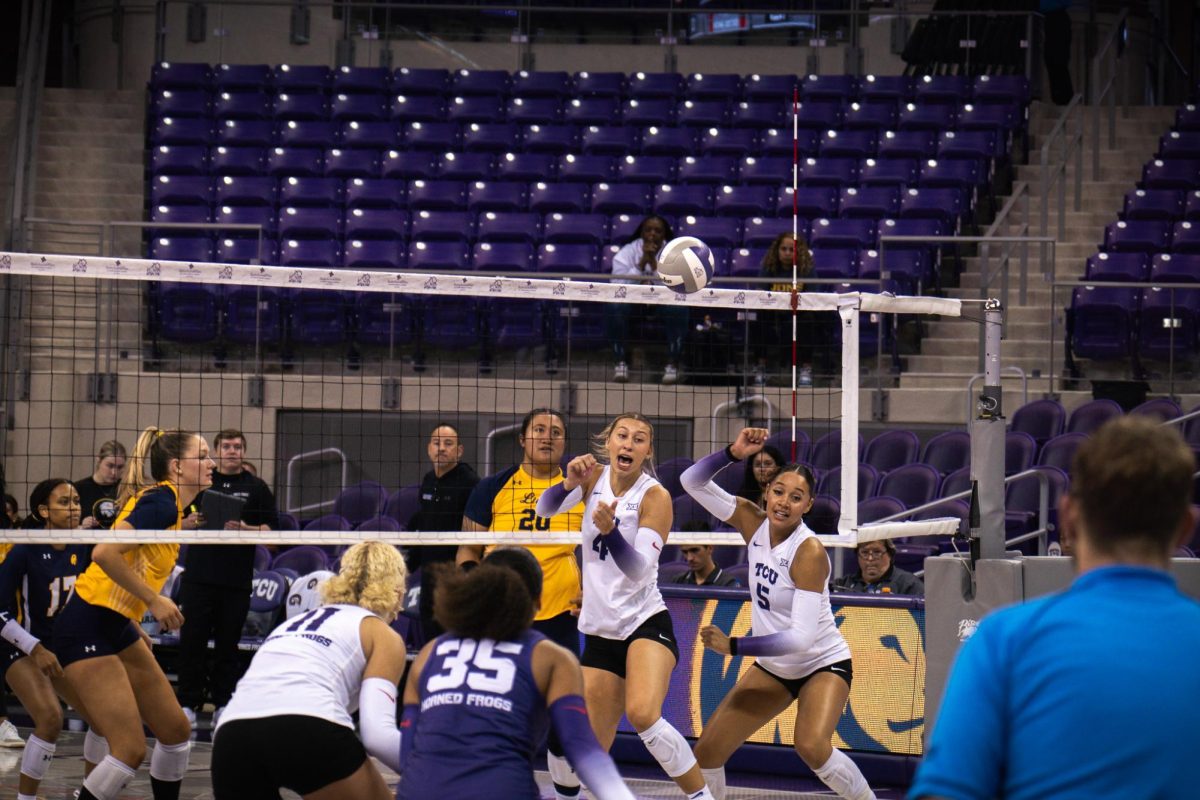 The TCU Volleyball Team scrambles for the ball at Schollmaier Arena, Sept. 12, 2024. TCU beat Texas A&amp;M Commerce 3-0.