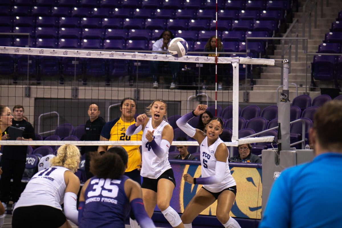 The TCU Volleyball Team scrambles for the ball at Schollmaier Arena, Sept. 12, 2024. TCU beat Texas A&amp;M Commerce 3-0.