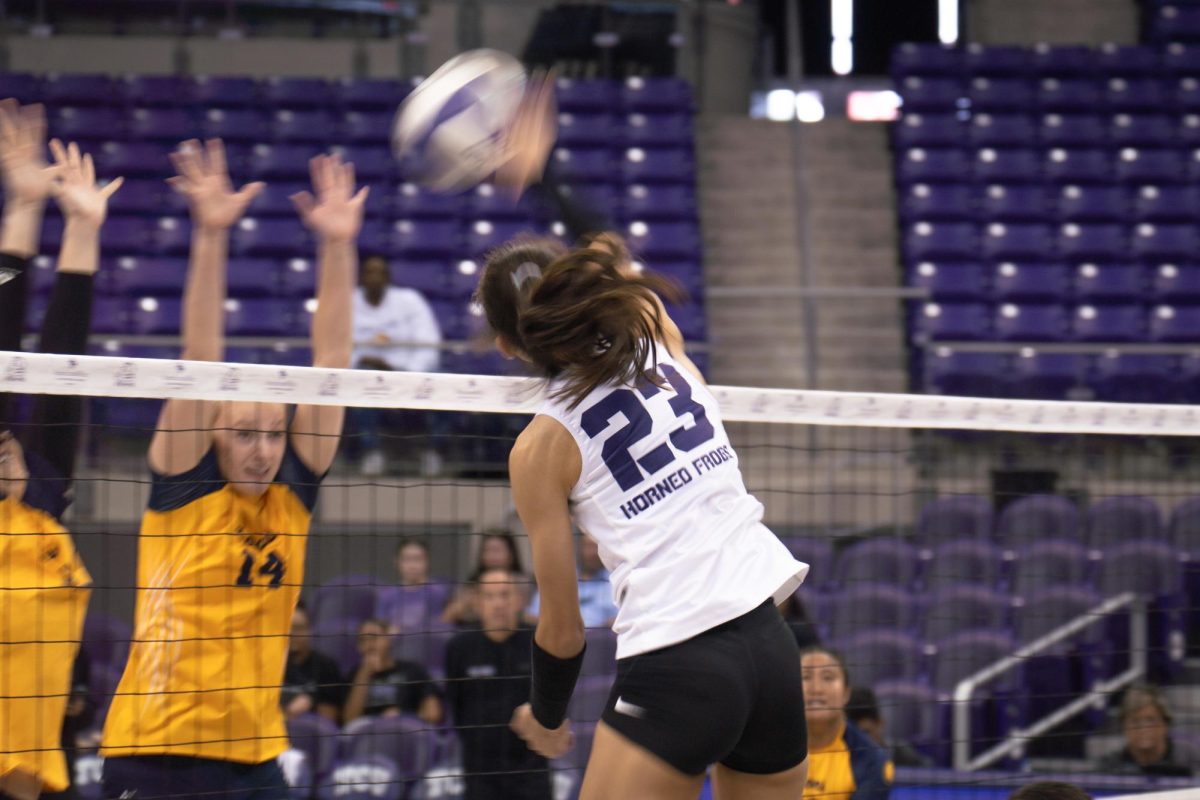 TCU volleyball outside hitter Melanie Parra spikes the ball at Schollmaier Arena, Sept. 12, 2024. TCU beat Texas A&amp;M Commerce 3-0.