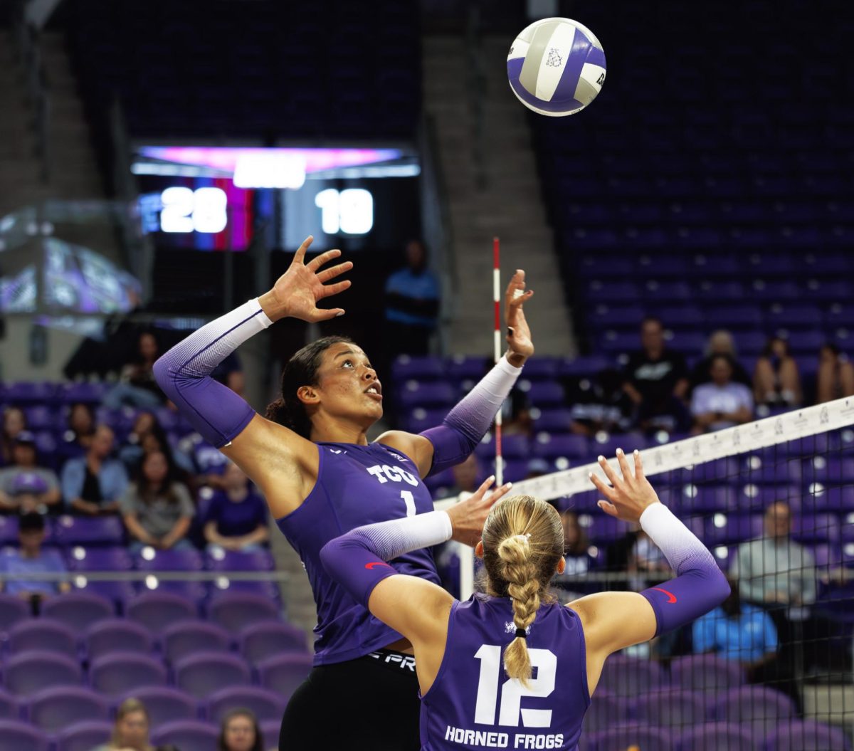 TCU Volleyball's Alexis Roberson gets ready to hit the ball at Schollmaier Arena in Fort Worth, Texas on September 20, 2024. The TCU Horned Frogs swept the Denver Pioneers 3-0. 