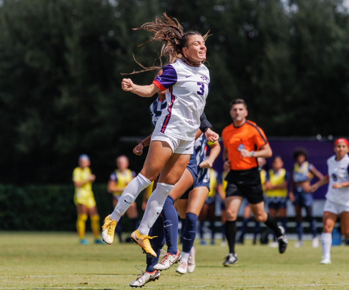 TCU forward AJ Hennessey goes up for a header at Garvey-Rosenthal Stadium in Fort Worth, Texas on September 22nd, 2024. (TCU360/Tyler Chan)