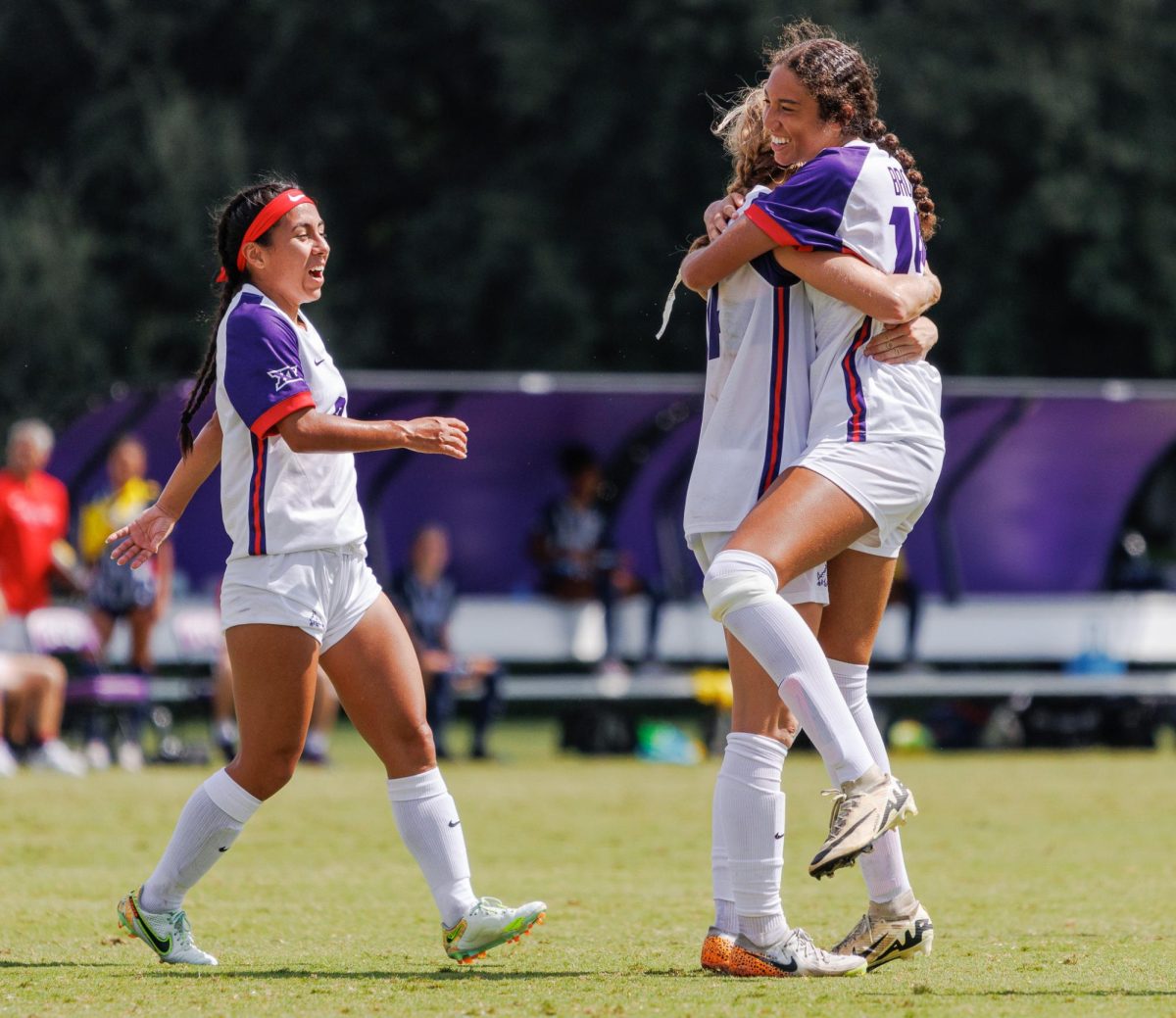 TCU players Morgan Brown, Caroline Kelley, and Oli Pena celebrate a goal at Garvey-Rosenthal Stadium in Fort Worth, Texas on September 22nd, 2024.  The TCU Horned Frogs beat the Arizona Wildcats 1-0. (TCU360/Tyler Chan)