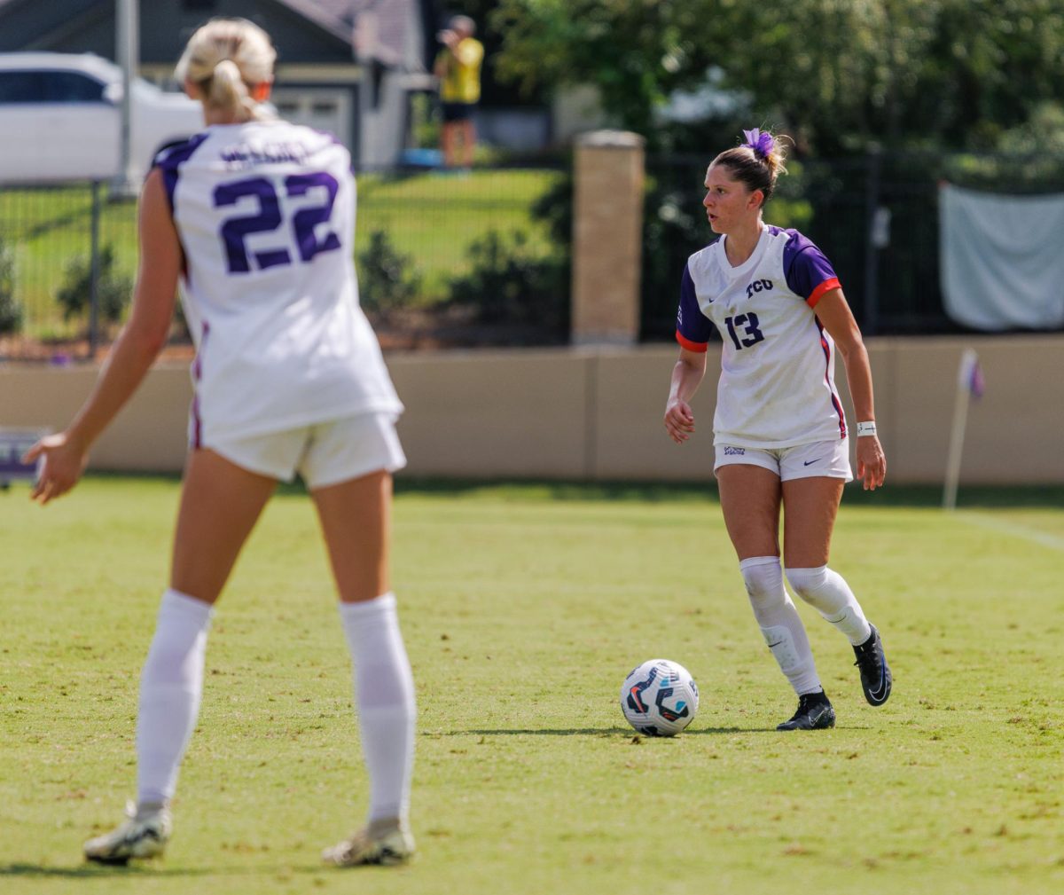 TCU Defender Jordan Whiteaker looks for a teammate as she dribbles up field at Garvey-Rosenthal Stadium in Fort Worth, Texas on September 22nd, 2024.  The TCU Horned Frogs beat the Arizona Wildcats 1-0. (TCU360/Tyler Chan)