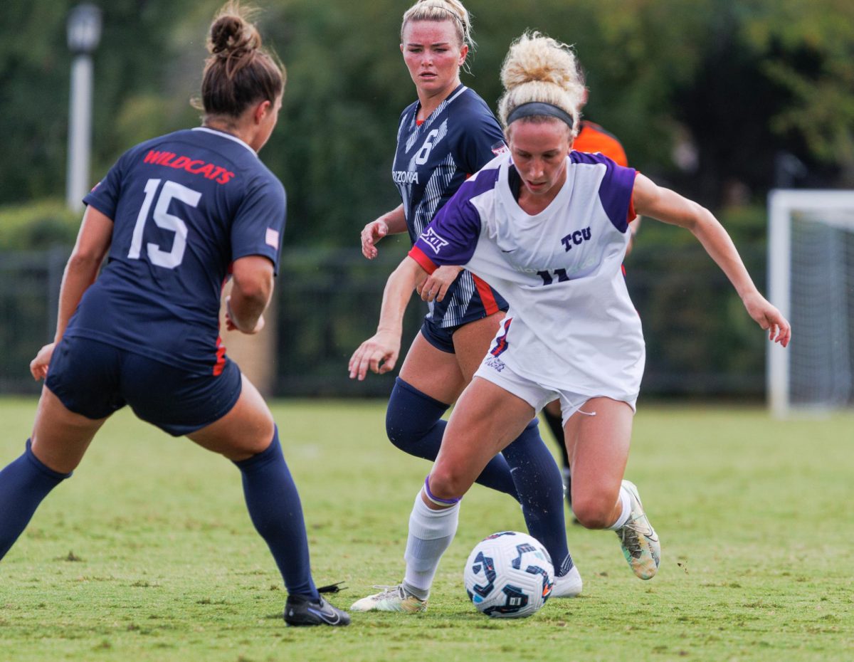 TCU defender Bella Diorio dribbles around defenders at Garvey-Rosenthal Stadium in Fort Worth, Texas on September 22nd, 2024.  The TCU Horned Frogs beat the Arizona Wildcats 1-0. (TCU360/Tyler Chan)