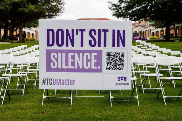 Signs related to suicide awareness during National Suicide Prevention Month are set up in the campus commons at TCU on September 11th, 2024. (TCU 360 Photo by Tyler Chan)