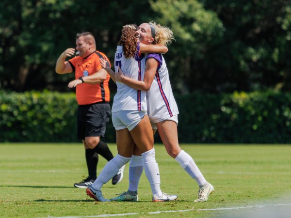 TCU Women's Soccer players Bella Diorio and Seven Castain celebrate after a goal at Garvey-Rosenthal Stadium in Fort Worth, Texas on September 15th, 2024. 