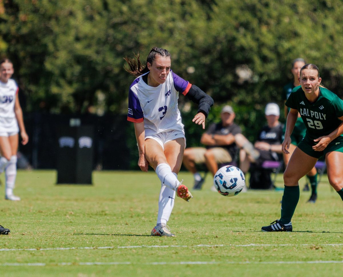 TCU Forward AJ Hennessey shoots the ball towards the net at Garvey-Rosenthal Stadium in Fort Worth, Texas on September 15th, 2024. The TCU Horned Frogs beat the Cal Poly Mustangs 5-1. (TCU360/Tyler Chan) 