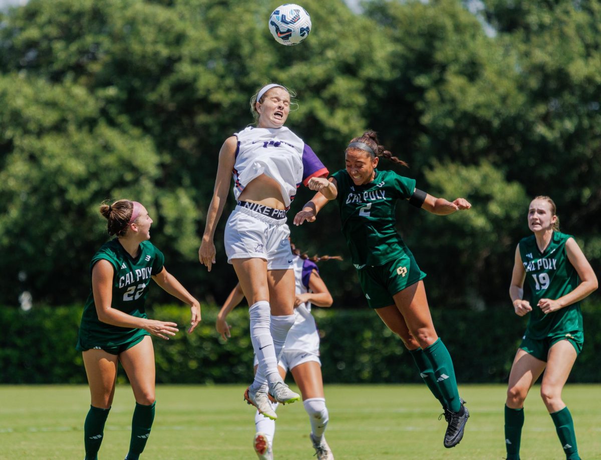 TCU Women's Soccer Caroline Kelly goes up for a header at Garvey-Rosenthal Stadium in Fort Worth, Texas on September 15th, 2024. The TCU Horned Frogs beat the Cal Poly Mustangs 5-1. (TCU360/Tyler Chan) 