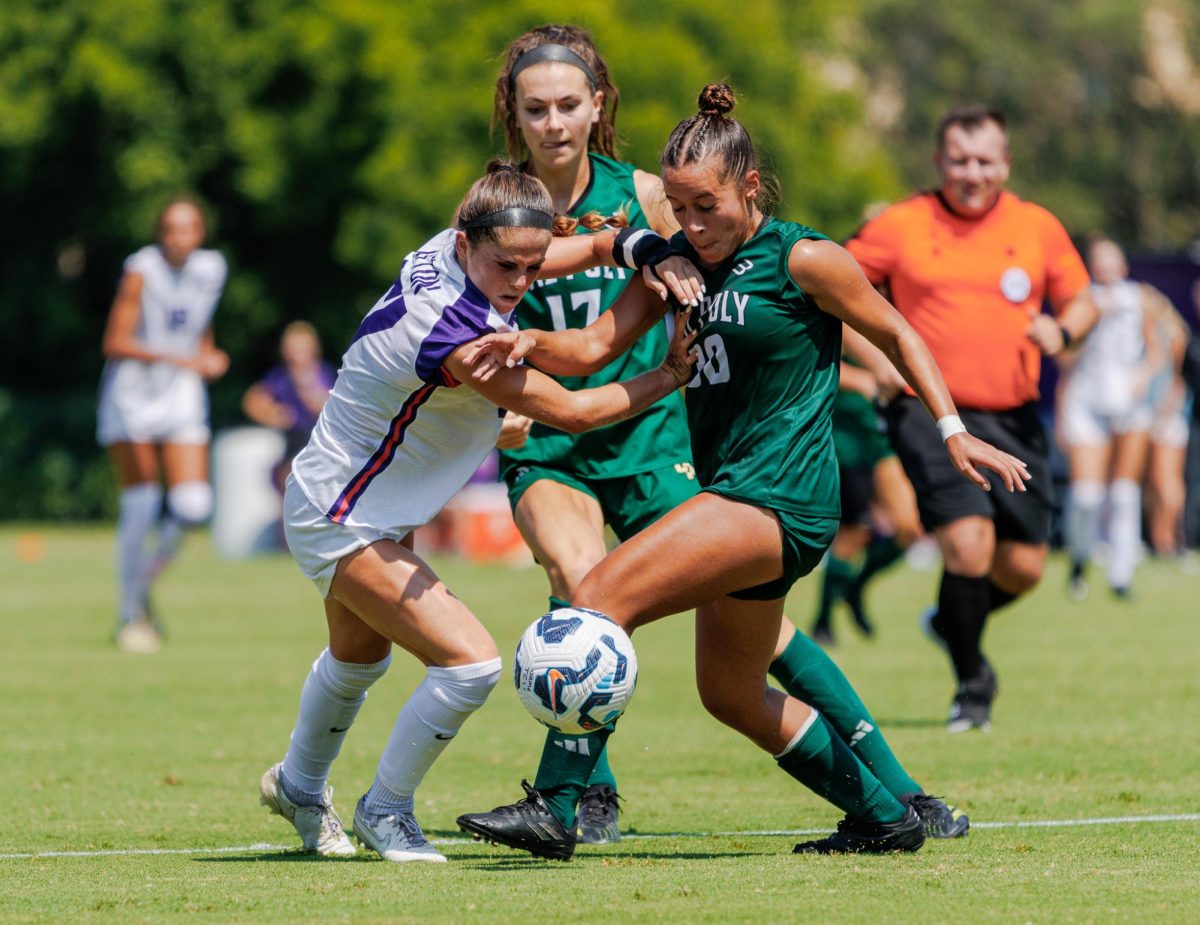 TCU Women's Soccer player Cameron Patton fights for the ballat Garvey-Rosenthal Stadium in Fort Worth, Texas on September 15th, 2024. The TCU Horned Frogs beat the Cal Poly Mustangs 5-1. (TCU360/Tyler Chan) 