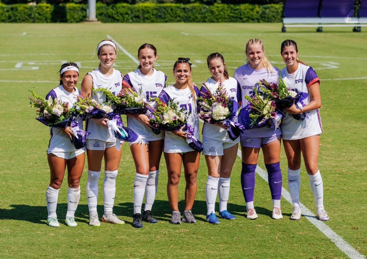 TCU Women's Soccer celebrates their seven seniors after the game at Garvey-Rosenthal Stadium in Fort Worth, Texas on September 15th, 2024. The TCU Horned Frogs beat the Cal Poly Mustangs 5-1. (TCU360/Tyler Chan) 