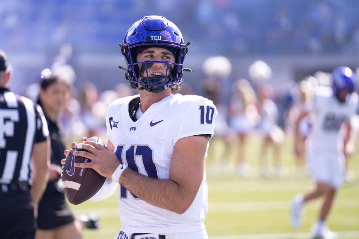 TCU QB Josh Hoover warms up at Gerald J. Ford Stadium, Sept. 21, 2024. The TCU Horned Frogs were defeated by the SMU Mustangs 44-66. (TCU 360 Photo by Shane Manson)