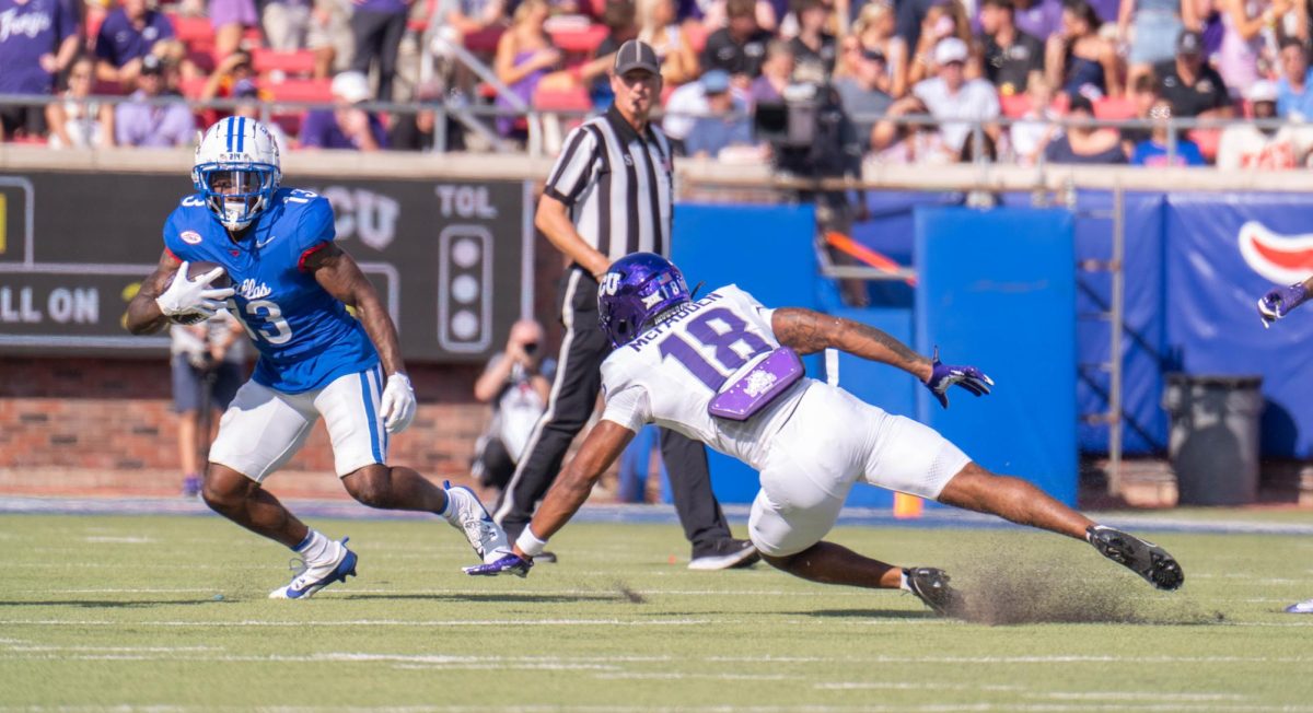 Safety Kaden McFadden misses a tackle on wide receiver Roderick Daniels Jr. at Gerald J. Ford Stadium, Sept. 21, 2024. The TCU horned frogs were defeated by the SMU Mustangs 44-66. (TCU 360 Photo by Shane Manson)