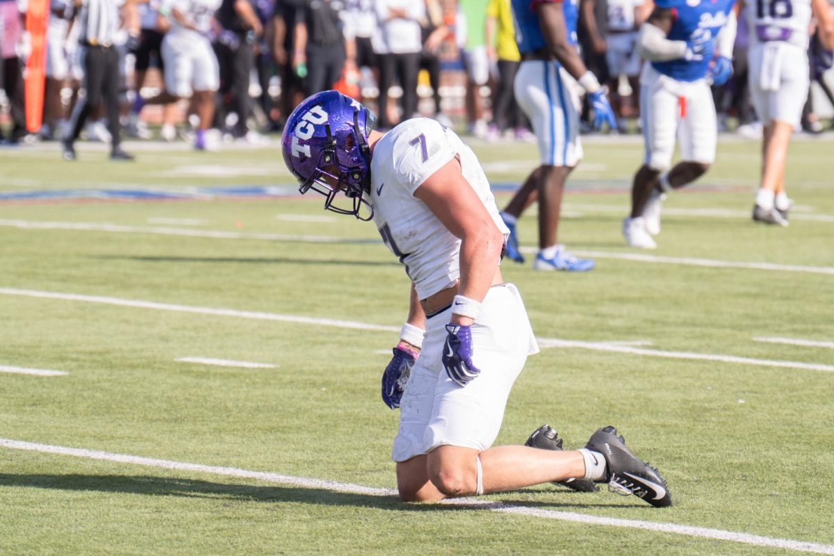 Marcel Brooks reacts to giving up a touchdown at Gerald J. Ford Stadium, Sept. 21, 2024. The TCU Horned Frogs were defeated by the SMU Mustangs 44-66. (TCU 360 Photo by Shane Manson)