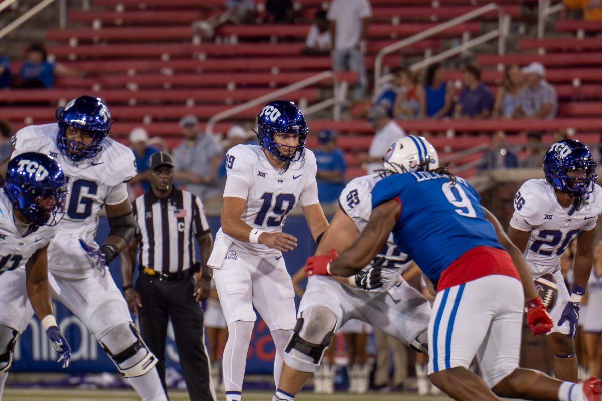 TCU backup QB Ken Seals replaces Josh Hoover at Gerald J. Ford Stadium, Sept. 21, 2024. The TCU Horned Frogs were defeated by the SMU Mustangs 44-66. (TCU 360 Photo by Shane Manson)