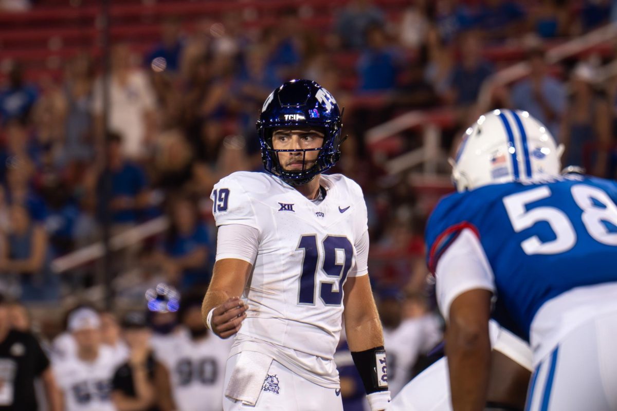 TCU backup QB Ken Seals replaces Josh Hoover at Gerald J. Ford Stadium, Sept. 21, 2024. The TCU Horned Frogs were defeated by the SMU Mustangs 44-66. (TCU 360 Photo by Shane Manson)