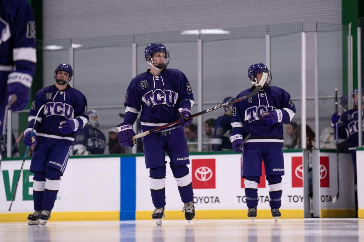 The TCU Horned Frog hockey team take to the ice after the second period, Sept. 13, 2024, at the StarCenter in Mansfield, TX. The TCU Horned Frogs beat the Baylor Bears 12-5. (TCU 360 Photo by Shane Manson)