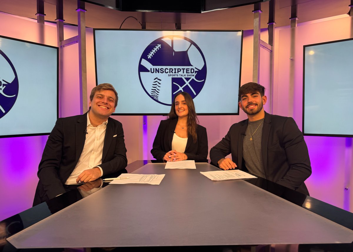 Anchors (right to left) Peter Brockman, Katie Mitchell, and Emil Asaf getting ready to film Unscripted.