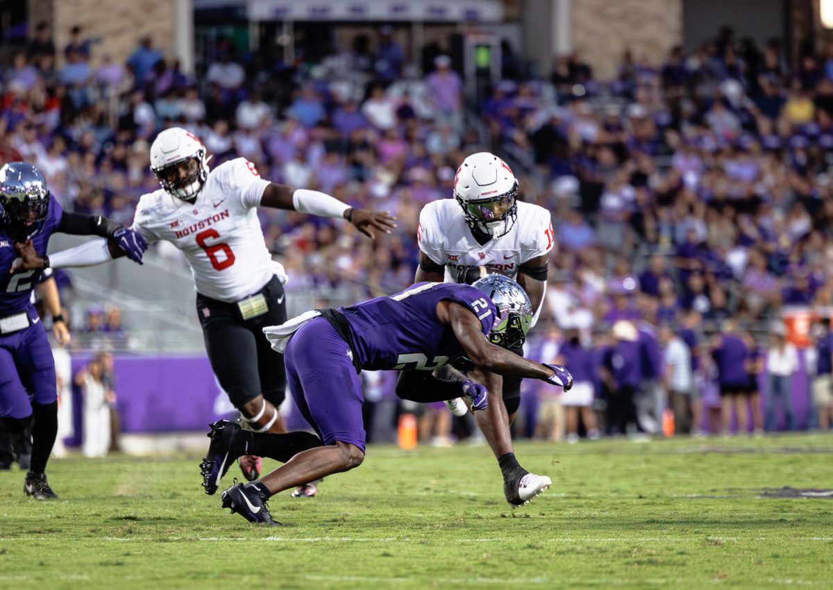 TCU safety Bud Clark goes in for a tackle at Amon G. Carter Stadium in Fort Worth, Texas on October 4th, 2024. The TCU Horned Frogs fell to the Houston Cougars 19-31 (TCU360/Tyler Chan)