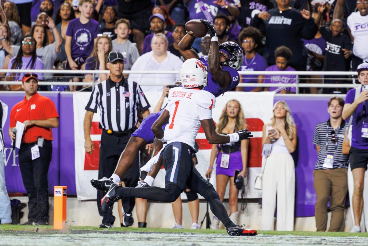 TCU wide receiver Savion Williams goes up for a pass at Amon G. Carter Stadium in Fort Worth, Texas on October 4th, 2024. The TCU Horned Frogs fell to the Houston Cougars 19-31 (TCU360/Tyler Chan)