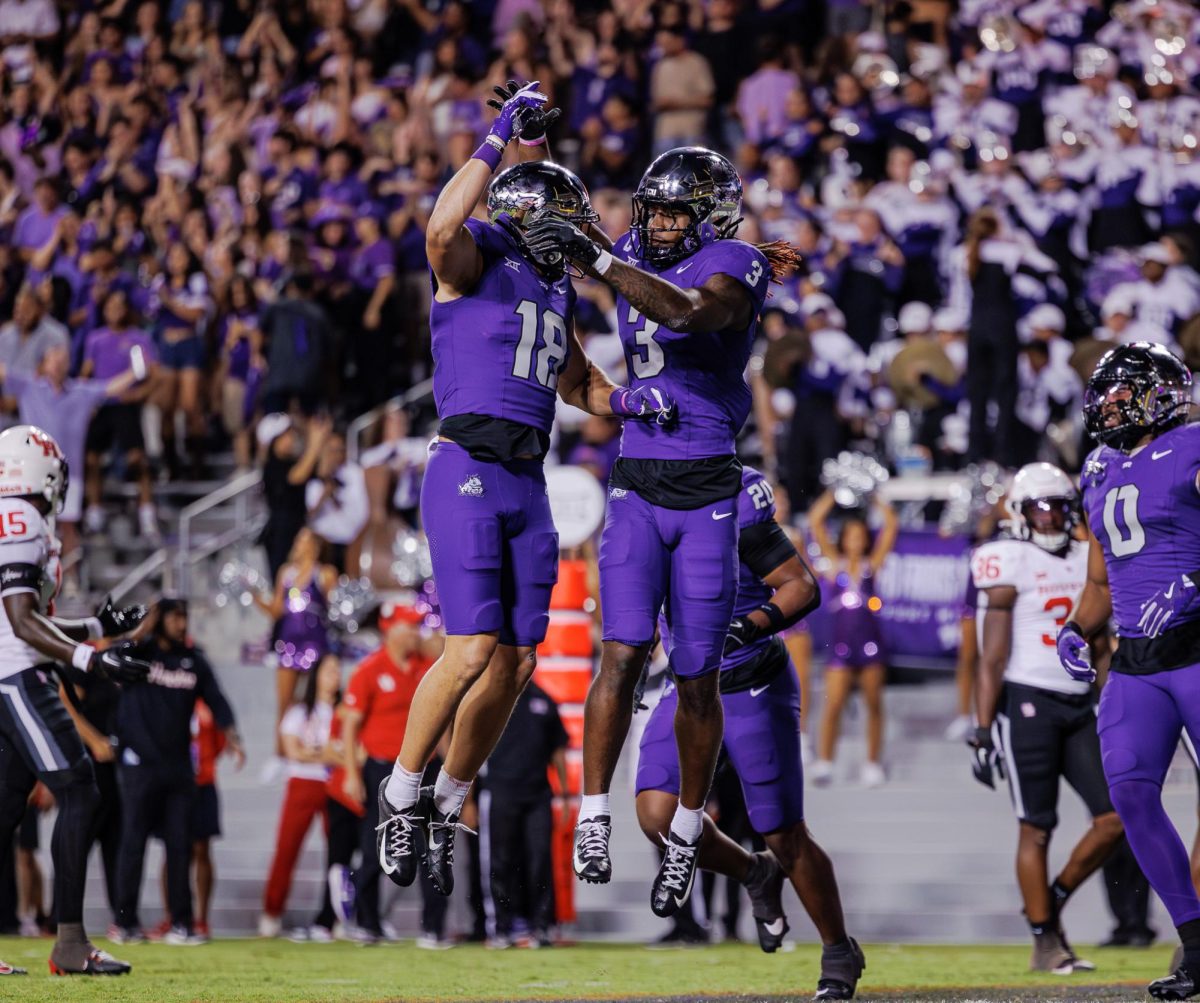 TCU wide receivers Jack Bech and Savion Williams celebrate a touchdown at Amon G. Carter Stadium in Fort Worth, Texas on October 4th, 2024. (TCU360/Tyler Chan)