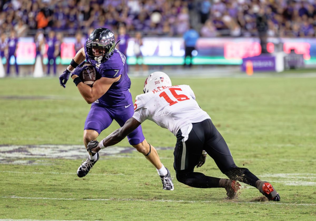 TCU wide receiver JP Richardson evades a defender at Amon G. Carter Stadium in Fort Worth, Texas on October 4th, 2024. The TCU Horned Frogs fell to the Houston Cougars 19-31 (TCU360/Tyler Chan)