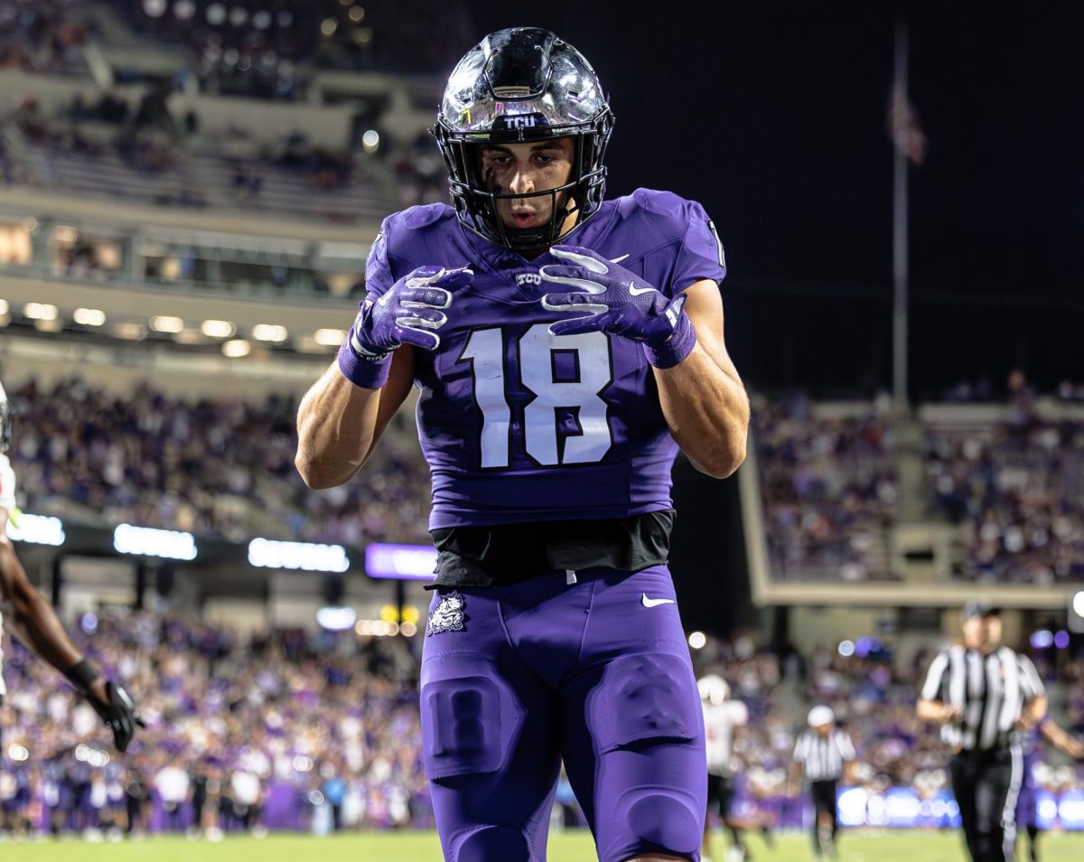 TCU wide receiver Jack Bech celebrates after scoring a touchdown at Amon G. Carter Stadium in Fort Worth, Texas on October 4th, 2024. The TCU Horned Frogs fell to the Houston Cougars 19-31 (TCU360/Tyler Chan)